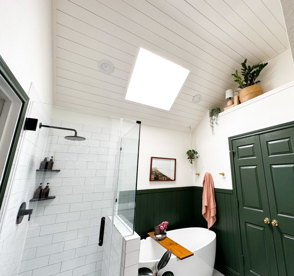 Our Green Bathroom with White Ceiling Shiplap