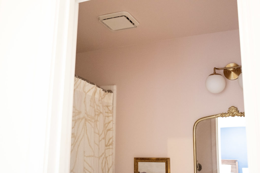 Pink Bathroom Painted Ceiling and popcorn removal in our DIY remodel project.