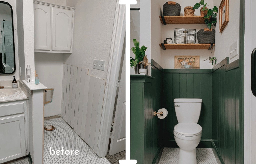 before and after primary green bathroom texas home tour