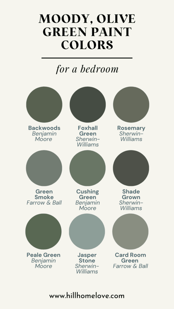 Olive, Moody green bedroom wall colors for a calm, inviting style