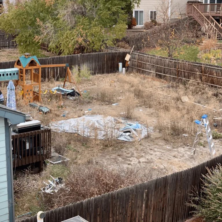 Abandoned backyard with trash, broken swing set, broken pool, and dirt