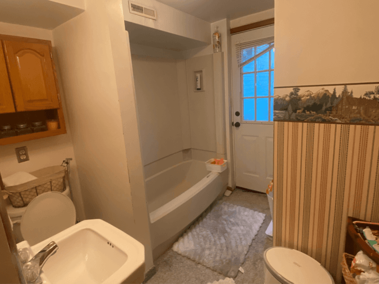 Outdated bathroom with moose wallpaper and yellow walls