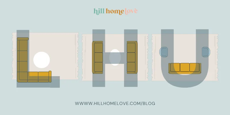 three layout options for a narrow living room in the shape of L, H, or U