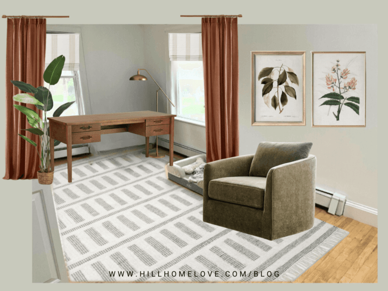 Mood board design idea with rust red curtains, striped gray and white rug, and a green lounge chair for a work-from-home office