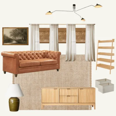 Design mood board idea for a playroom with a leather couch, neutral textiles, woven blinds, storage, a jute rug, and vintage art