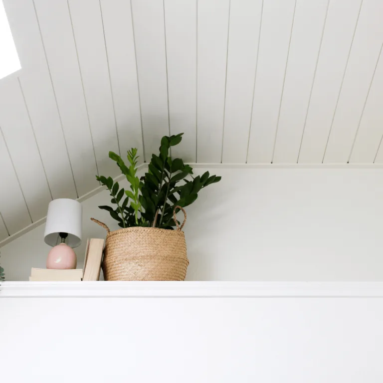 White shiplap ceiling with plan
