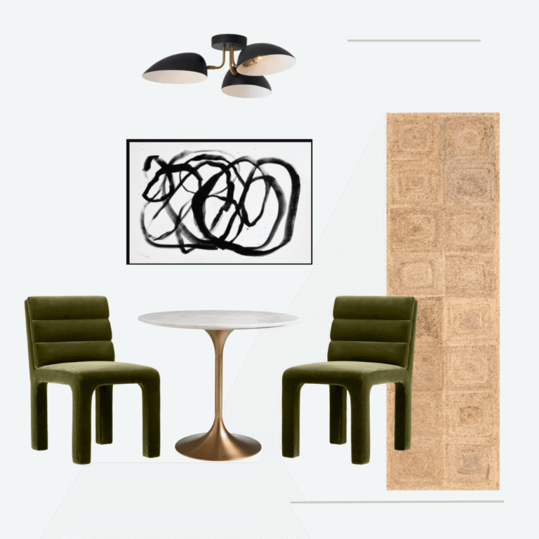 dining room mood board with green chairs, a jute runner rug, a marble and gold table, black scribble art, and a mid-century modern black light fixture