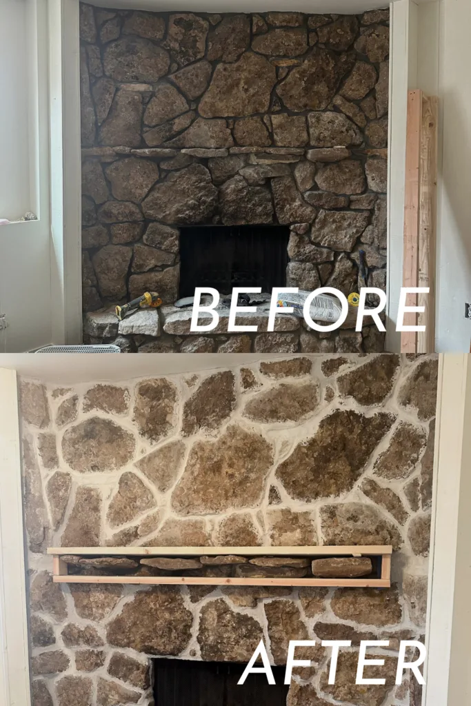 two images of the same fireplace before and after a renovation. The top image is before and the stone is dark, dusty, and sad looking. The bottom image is after and the fireplace looks bright, clean, and modern.