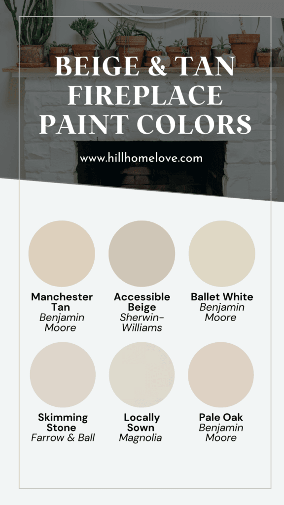 Graphic with 6 beige and tan paint color ideas for a fireplace: Manchester Tan by Benjamin Moore, Accessible Beige by Sherwin-Williams, Ballet White by Benjamin Moore, Skimming Stone by Farrow & Ball, Locally Sown by Magnolia, Pale Oak by Benjamin Moore