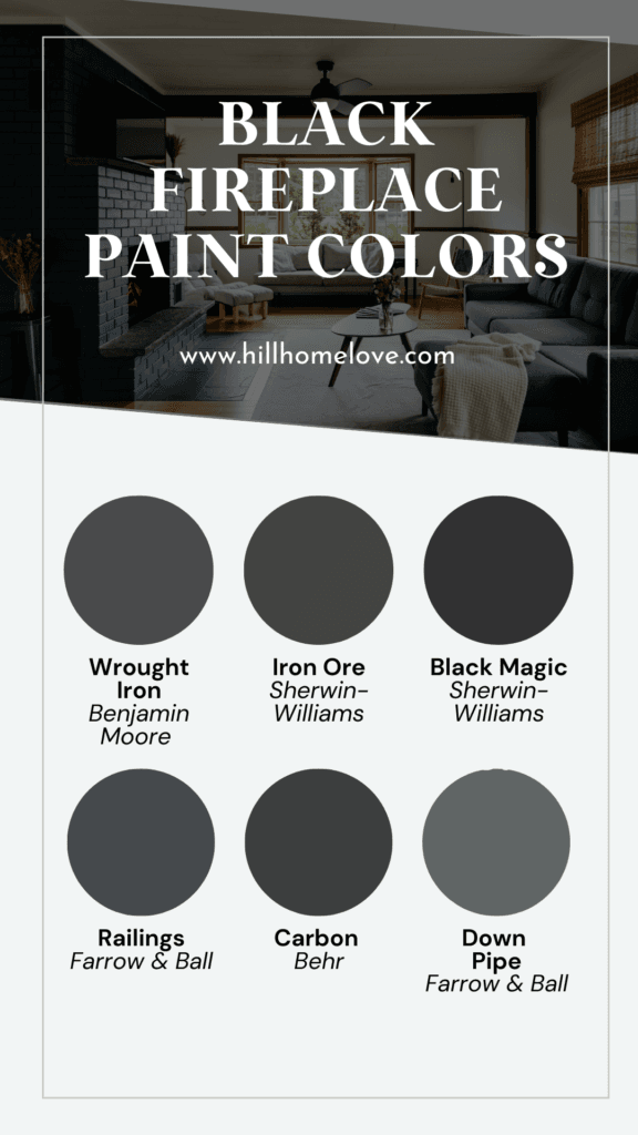 Graphic with 6 white paint color ideas for a fireplace: White Dove by Benjamin Moore, Alabaster by Sherwin-Williams, Shiplap by Magnolia, Slipper Satin by Farrow & Ball, Swiss Coffee by Benjamin Moore, Simply White by Benjamin Moore