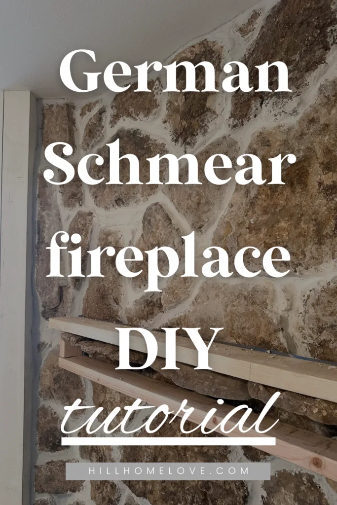 stone fireplace with white mortar with overlay text german schmear fireplace diy tutorial hillhomelove.com/blog