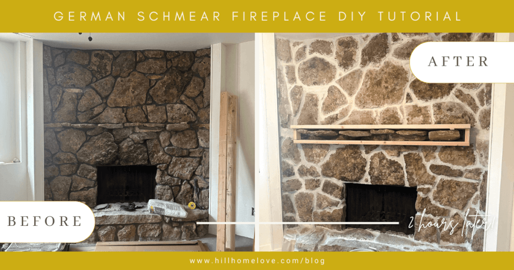 Two images of the same fireplace before and after a renovation. The left image is before and the stone is dark, dusty, and sad looking. The right image is after and the fireplace looks bright, clean, and modern. Overlay text says german schmear fireplace hillhomelove.com/blog