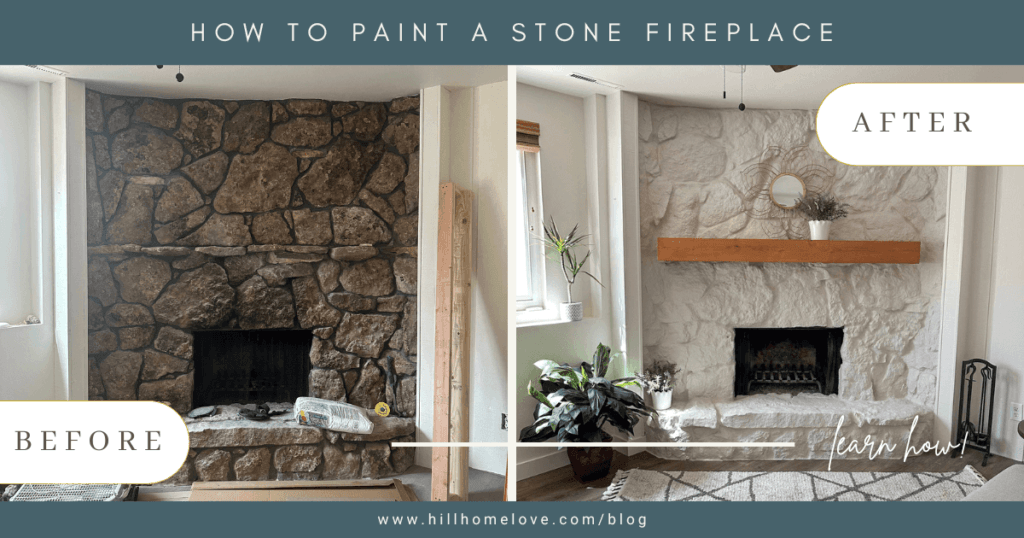 Side by side images of a stone fireplace before it was painted white