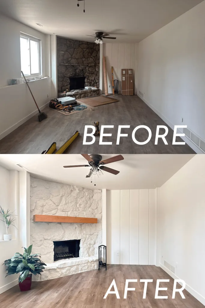 Before and after stacked image. of a dark stone fireplace painted bright white paint