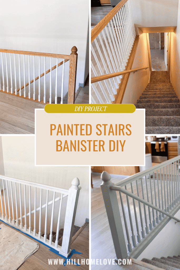 collage of staircase railing: top left and right pictures are of an orange oak wood railing with white spindles. Bottom left is of a primed stairs railing and bottom right is a green painted staircase railing