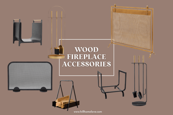 Graphic with wood fireplace accessories like gold fireplace poker and broom, a hold fireplace screen, and modern black wood holders