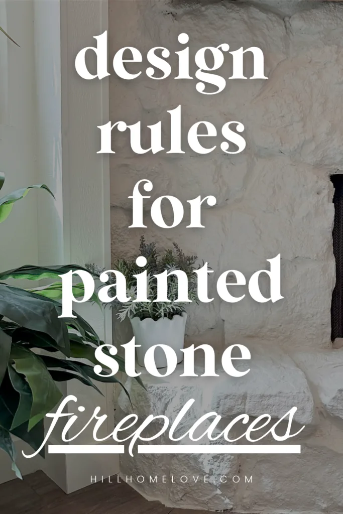 White painted stone fireplace with overlay text design rules for painted stone fireplaces