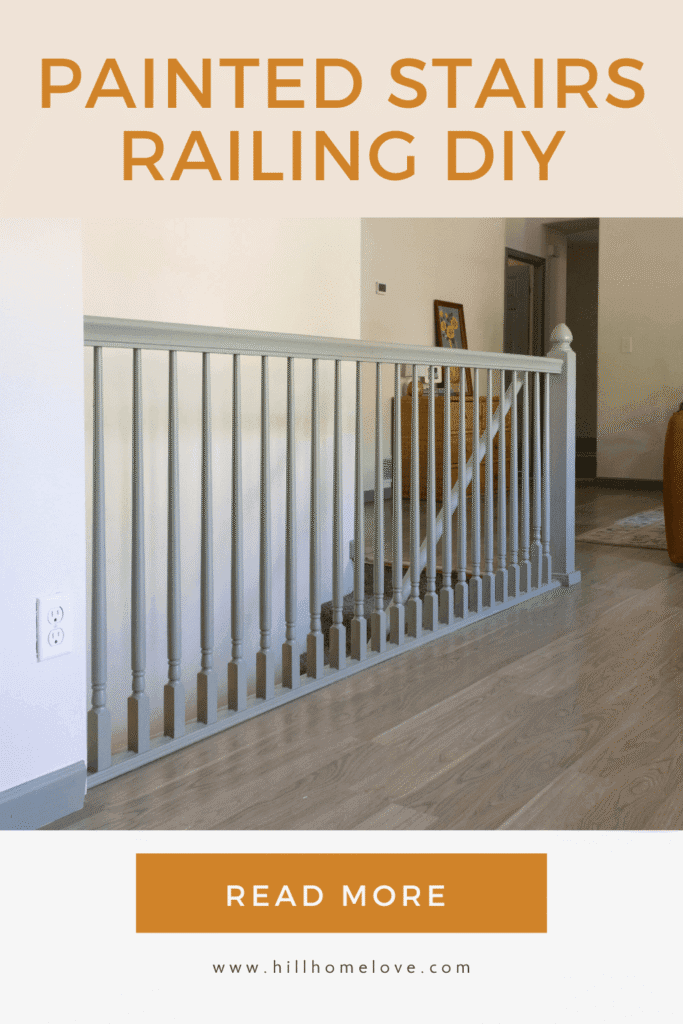 Green staircase railing with overlay text painted staircase railing