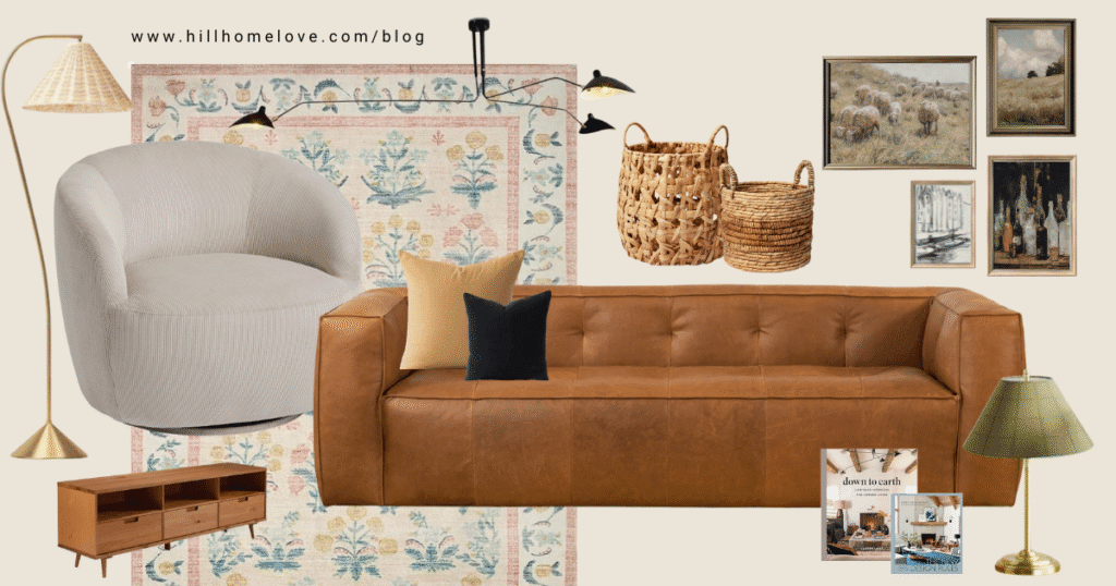 Collage of Capa leather cigar couch, accent chair, lamps, and decor