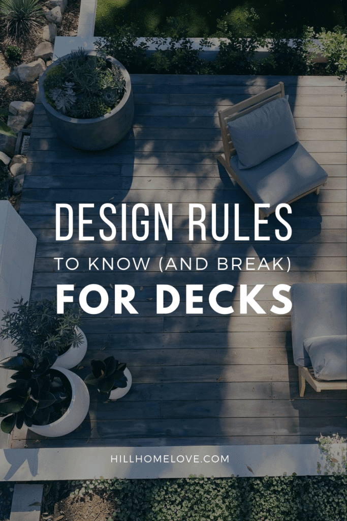 gray deck with gray chairs and white planters with overlay text design rules to know and break for decks