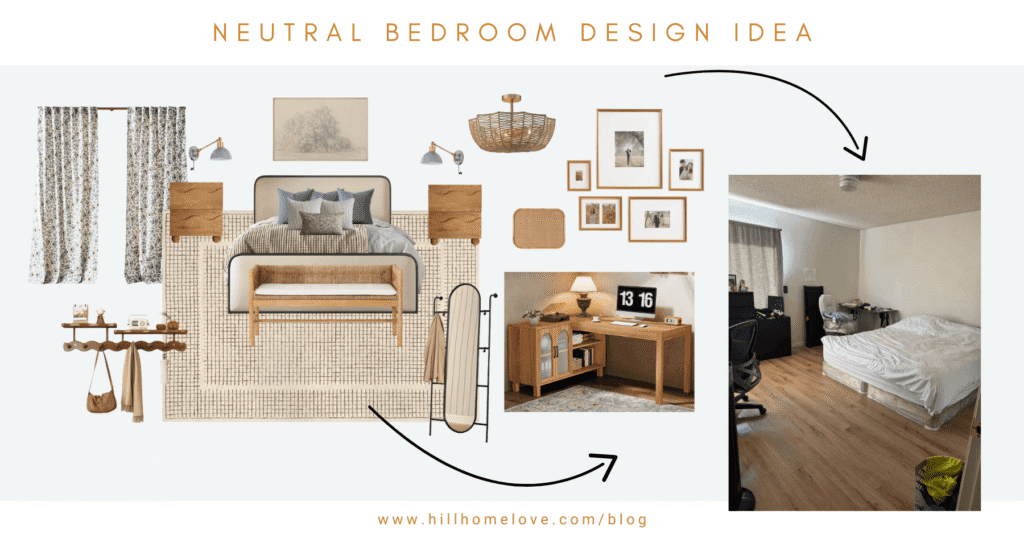 bedroom mood board with warm woods, rattan textures, cream and black bedframe, blue accent pillows, gray sconces, and an arrow pointing to an empty blank bedroom